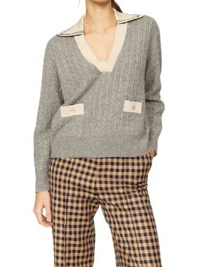 Sandro Grey Cable-Knit Polo Collar Sweater - size 2 (S/M)